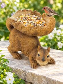 1pc Squirrel Shaped Bird Feeder, Decorative Open Seed Tray, Exquisite Fur Texture, Freestanding Wild Bird Feeding Dish For Garden, Patio And Backyard - F - View 1