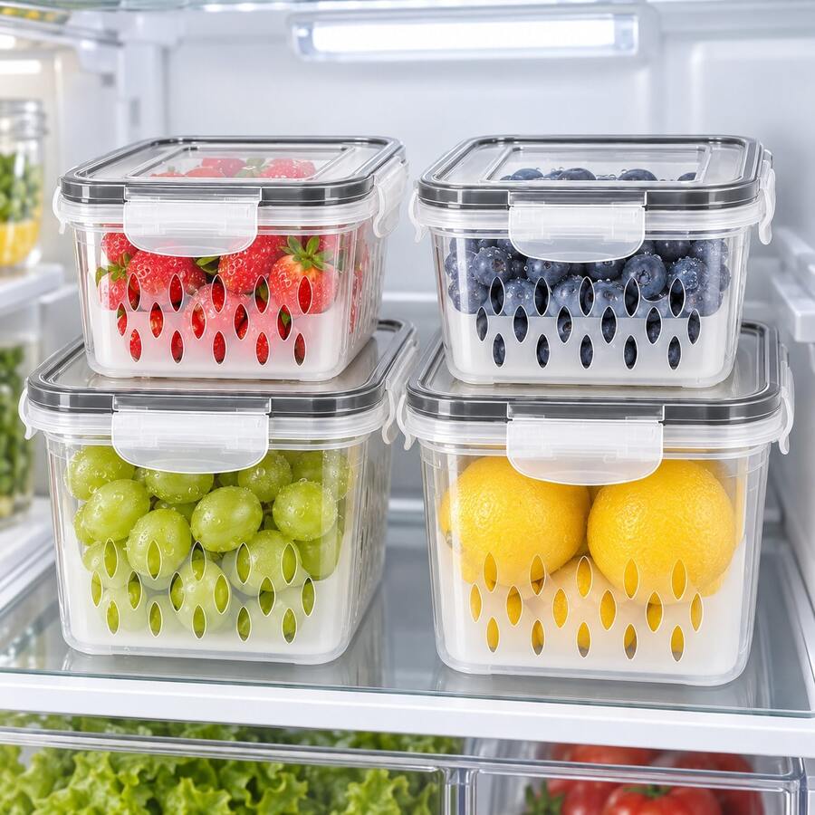 Food Storage Container With Drainage Basket, Transparent Refrigerator Organizer Box With Lid, Fruit And Vegetable Fresh-Keeping Container, Kitchen Storage Container - View 1