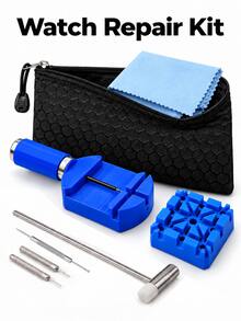 8pcs Watch Repair Tool Set, Blue Watch Band Remover With Band Holder, Watch Hands Remover, Double-Headed Hammer, Cleaning Cloth And Storage Bag, Metal Watch Band Link Removal Adjustment Repair Tool - Blue - View 7