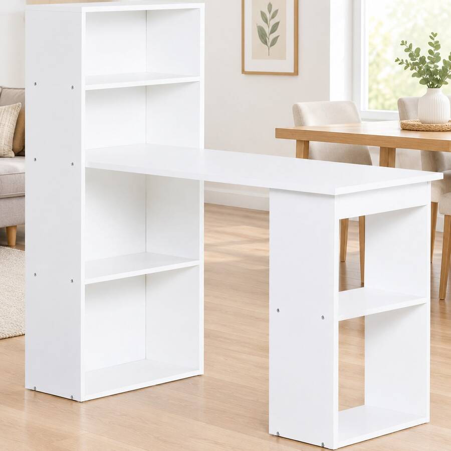 مكتب طاولة مطبخ مع رف 120x55 سم طاولة كمبيوتر طاولة لابتوب طاولة عمل باللون الأبيض للمكتب & المنزل - أبيض - مشاهدة 1