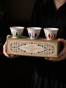 3pcs Mini Floral Print Ceramic Coffee Cup Gift Set, Gold Rim Porcelain Cups With Tulip Pattern, Suitable For Ramadan, Saudi National Day, Housewarming Holiday Gifts - Multicolor - View 2