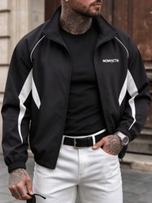Men's West Coast Colorblock Striped Functional Stand Collar Jacket, Loose Fit Sporty Streetwear Versatile Autumn/Winter Outerwear - Black - View 4