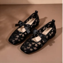 All-Season Black/White/Burgundy Floral Lace Hollow-Out Ballet Shoes Square Toe Breathable Mesh Shoes For Women, Suitable For Commuting, Party, Date, Office - Black - View 14