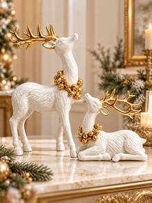 2pcs Christmas Reindeer Figurines, White Deer Statue Set, Elegant Holiday Tabletop Decor, Suitable For Mantel, Shelf And Living Room - Christmas Reindeer Ornament - View 1