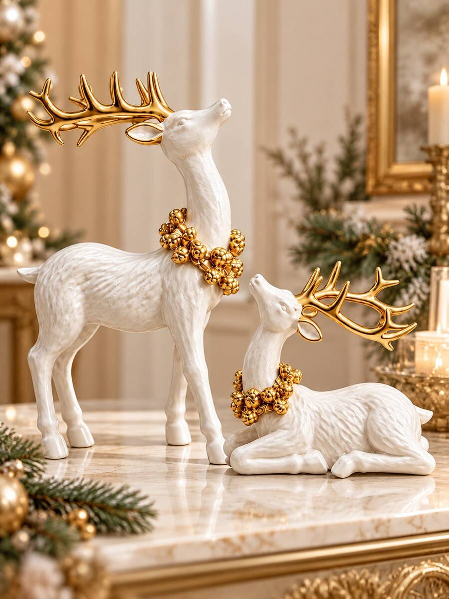 2pcs Christmas Reindeer Figurines, White Deer Statue Set, Elegant Holiday Tabletop Decor, Suitable For Mantel, Shelf And Living Room - Christmas Reindeer Ornament - View 1