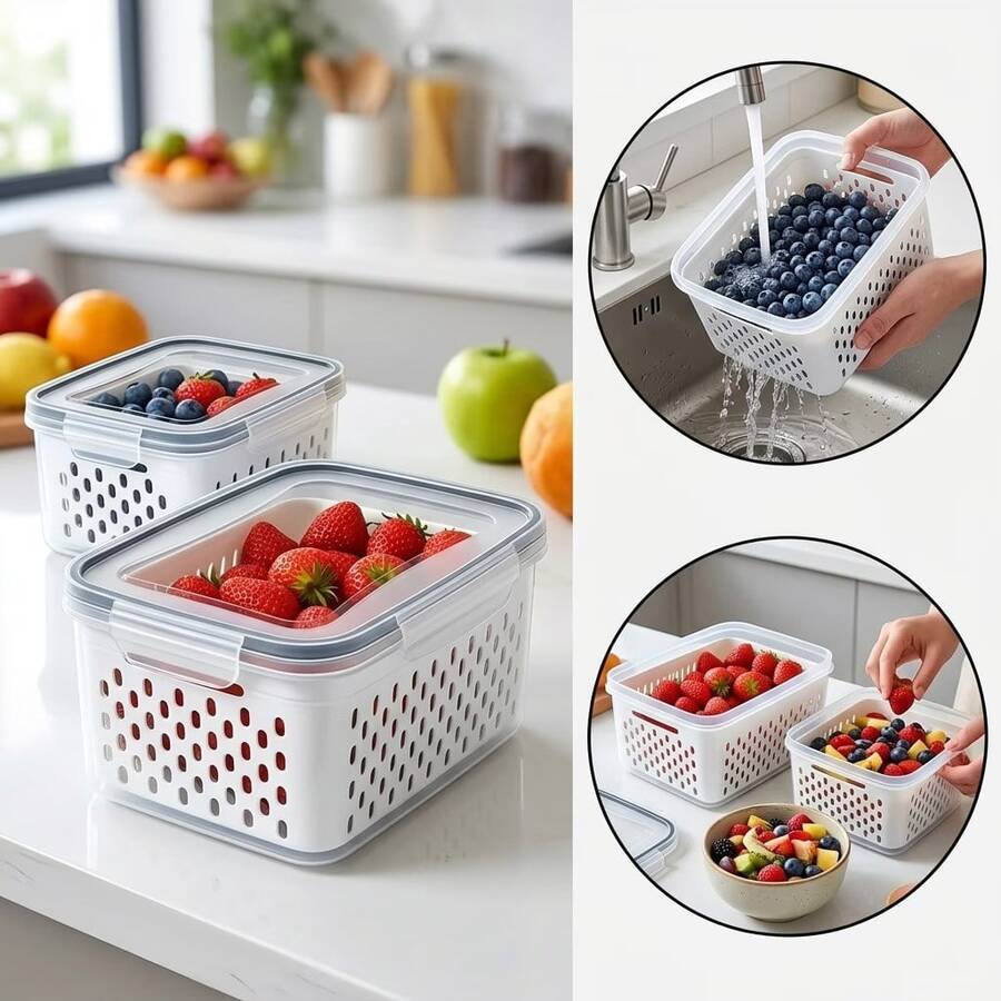 1pc Medium/3pcs/4pcs Refrigerator Food Storage Containers With Removable Drain Basket And Snap Lid, Stackable Transparent Fruit & Vegetable Organizer Box, Suitable For Fruit, Vegetables, Berries, Kitchen And Refrigerator - Multicolor - View 1