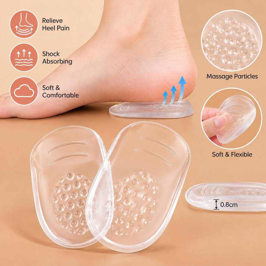 1 Pair Clear Silicone Gel Heel Cups, Soft Shock Absorbing Heel Cushion Inserts With Textured Massage Dots For Sneakers And Everyday Shoes - Clear - View 1