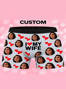 1pc Men's Customized Photo Personalized Romantic Style Boxer Briefs, Suitable For Anniversary, Valentine's Day Or As A Sweet Gift For Husband - Grey - View 1
