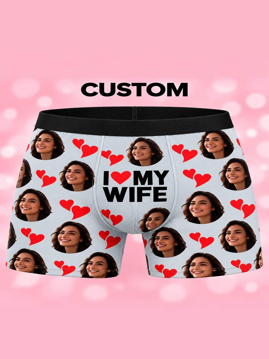 1pc Men's Customized Photo Personalized Romantic Style Boxer Briefs, Suitable For Anniversary, Valentine's Day Or As A Sweet Gift For Husband - Grey - View 1
