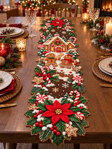 1 Christmas Gingerbread Table Flag, Cute Gingerbread Couple And Snow Candy House Print, Paired With Red First Grade Saffron, Holly And Candy Jar, Holiday Table Decoration - B - View 9