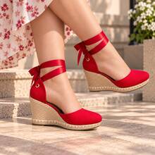 Alpargatas Para Mujer Con Cuña De Yute, Cintas Ajustables Al Tobillo Y Diseño Elegante Casual  Casual    Tela - Rojo - Ver 1