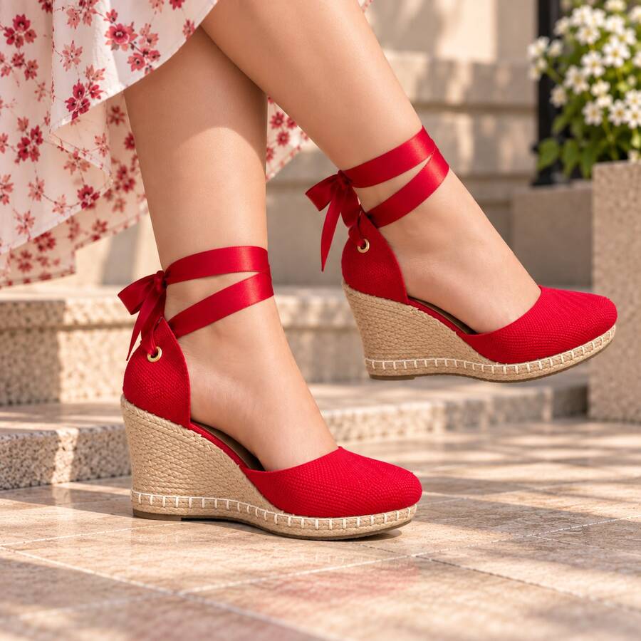 Alpargatas Para Mujer Con Cuña De Yute, Cintas Ajustables Al Tobillo Y Diseño Elegante Casual Casual Tela - Rojo - Ver 1