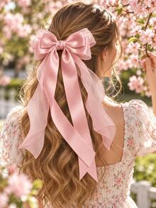 1PC Pink Satin & Transparent Ribbon Hair Accessory, Elegant Layered Long Tail Bow Hair Clip For Women, Coquette Balletcore Style, Romantic Hair Decoration For Wedding, Date, Party, Daily Wear And Spring Fashion - Pink - View 5