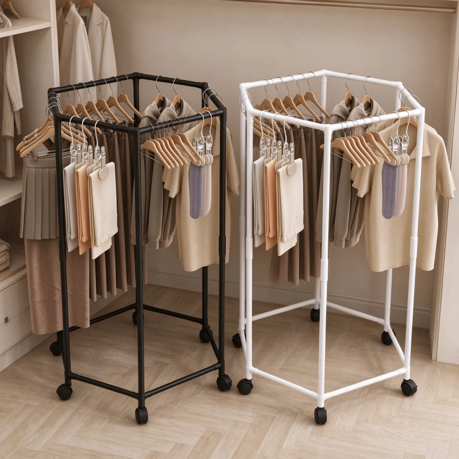 Perchero Hexagonal Giratorio 360° con Ruedas, Estante de Ropa Metálico Móvil, Tendedero Multifuncional Ahorra Espacio para Dormitorio, Balcón y Tienda de Ropa - Tendedero giratorio multifuncional - Ver 1