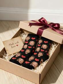 1 Pair Personalized Black Knitted Face & Heart Print Cotton Socks For Anniversary Gift - Multicolor - View 6
