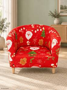 1pc Red Christmas Print Tub Chair Cover, Santa & Gingerbread Pattern Stretch Armchair Slipcover, Machine Washable Elastic Furniture Protector, Winter Xmas Home Party Decor - Red - View 8
