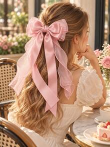 1PC Pink Satin & Transparent Ribbon Hair Accessory, Elegant Layered Long Tail Bow Hair Clip For Women, Coquette Balletcore Style, Romantic Hair Decoration For Wedding, Date, Party, Daily Wear And Spring Fashion - Pink - View 3