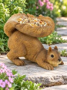 1pc Squirrel Shaped Bird Feeder, Decorative Open Seed Tray, Exquisite Fur Texture, Freestanding Wild Bird Feeding Dish For Garden, Patio And Backyard - F - View 3