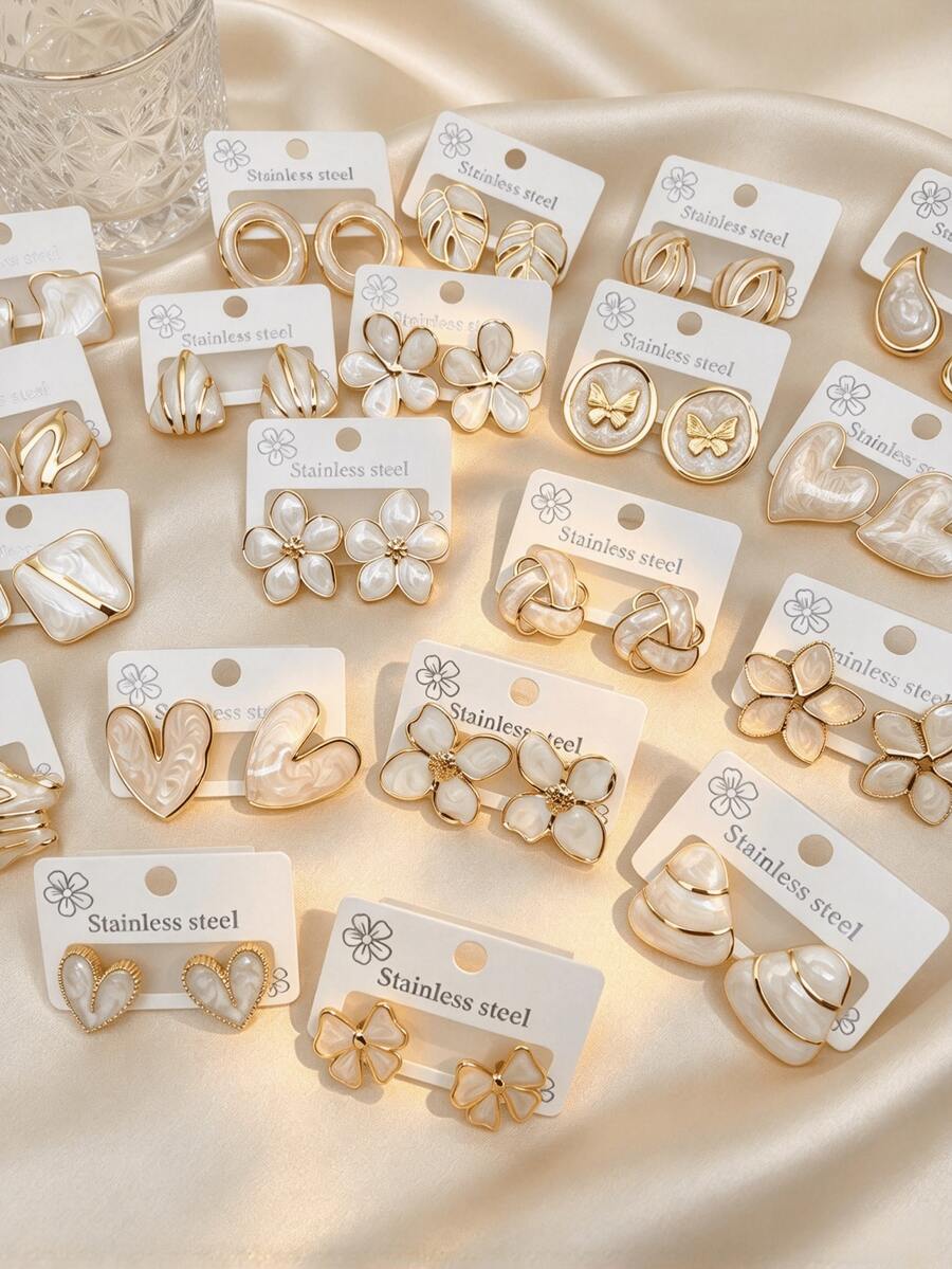 32 Pairs Elegant Stainless Steel Cast Earrings, Geometric Shapes Like ...