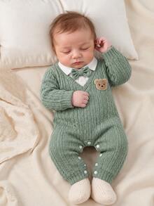 Sommar Ny Grön Texturerad Mönster Gentleman Stil Björn Patchwork 2 i 1 Fluga Jumpsuit, Höst/Vinter Framtill Patch Fotskyddad Jumpsuit, Lätt Att Ta På/Av, Snygg Mångsidig Baby Spädbarn Krypdräkt - Mint Grön - Visa 6