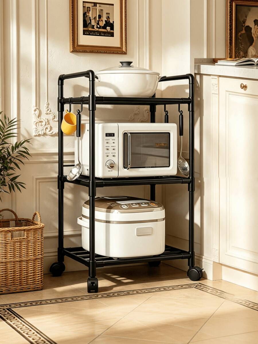 1pc 3-Tier/4-Tier Rolling Metal Tube Plastic Storage Rack, Modern Minimalist Pure Black Or White Rectangular Shelf, Equipped With 4 Casters And Side Hooks, Suitable For Kitchen Microwave, Rice Cooker Storage, Pantry And Apartment - Black - View 1
