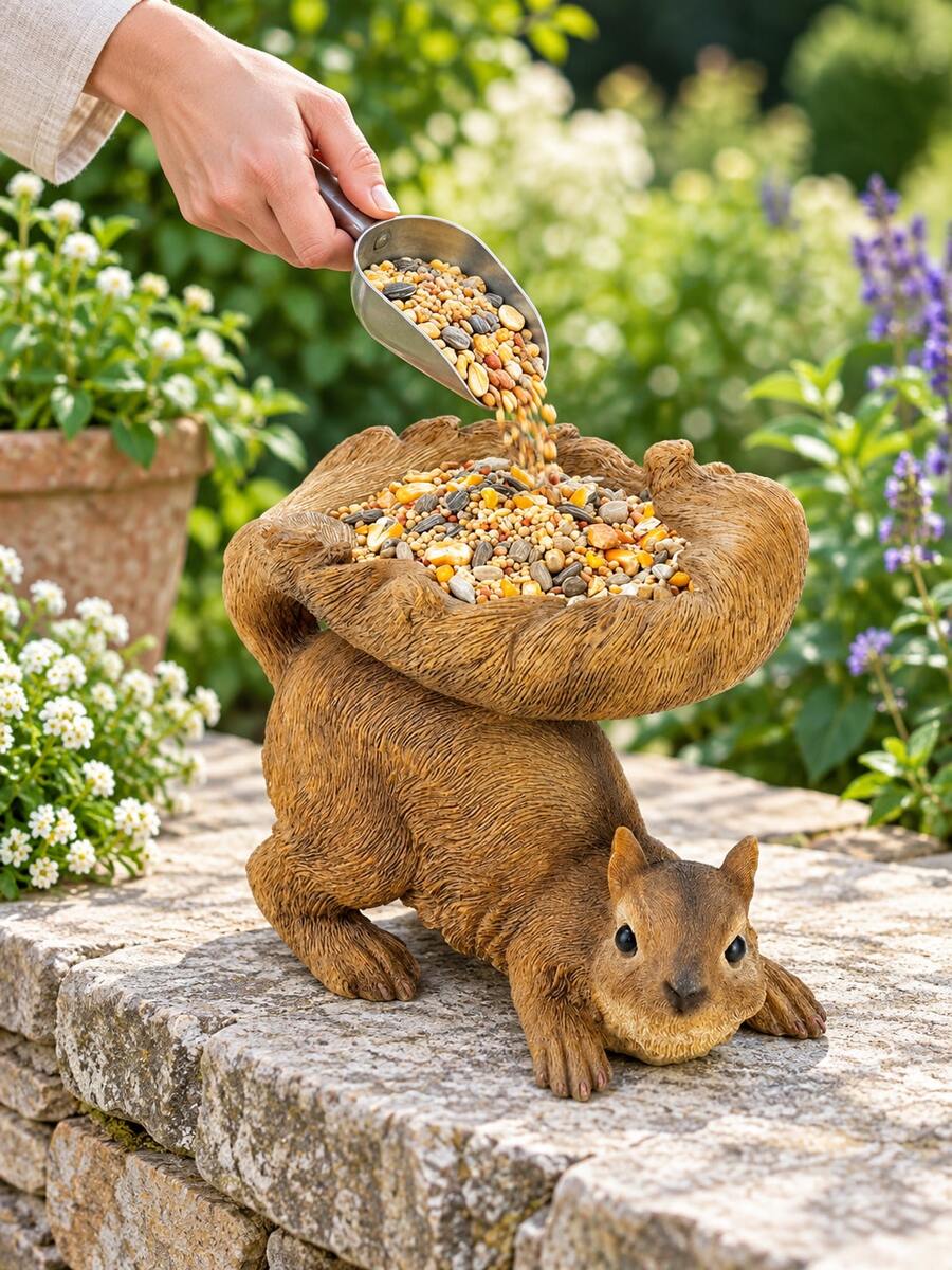 1pc Squirrel Shaped Bird Feeder, Decorative Open Seed Tray, Exquisite Fur Texture, Freestanding Wild Bird Feeding Dish For Garden, Patio And Backyard - F - View 1
