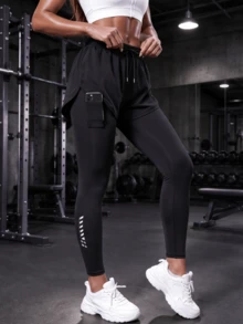 Women's 2-In-1 Quick-Dry Running Leggings With Anti-Chafe Skirt Overlay, Back Waist Towel Loop, Suitable For Running And Fitness Training - Black - View 2