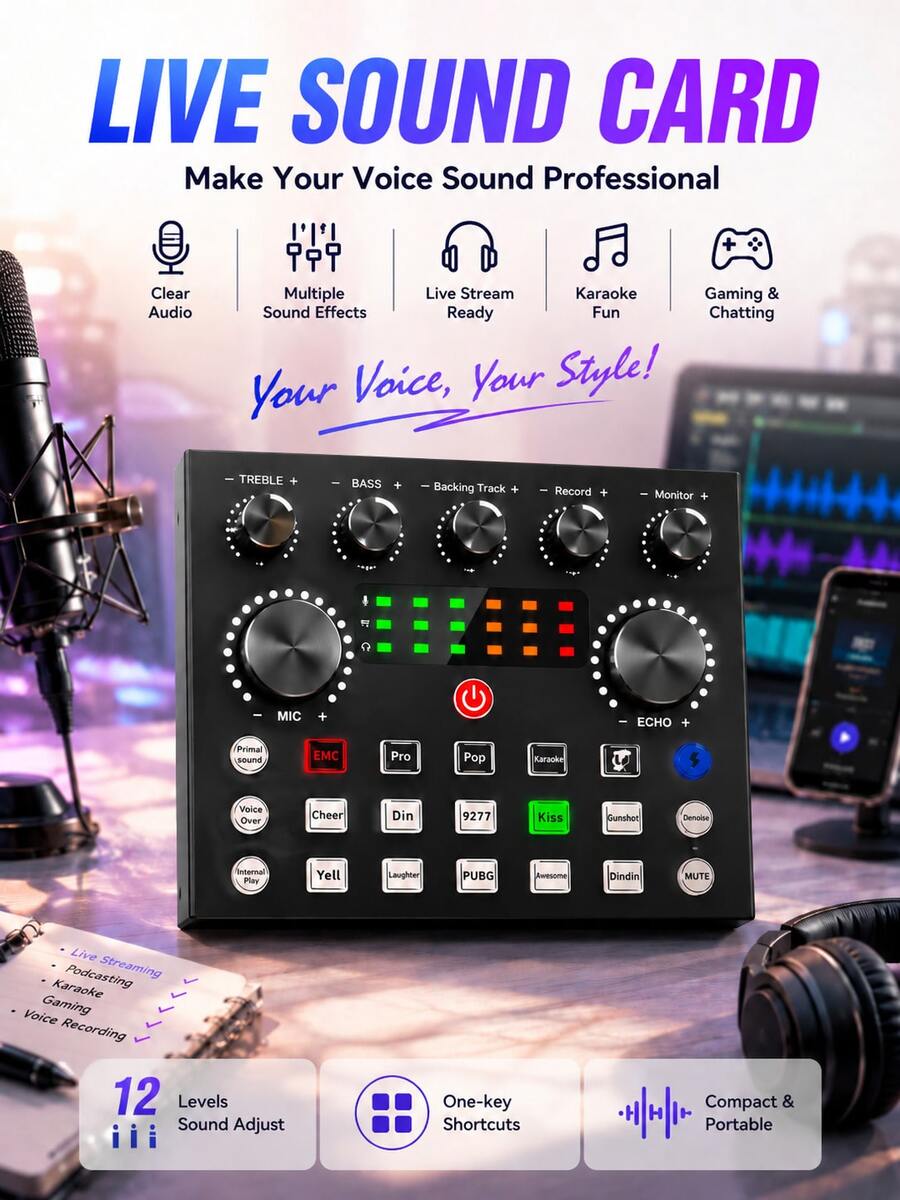 Card âm thanh livestream USB gắn ngoài DSP giảm nhiễu, giao diện âm thanh bảng hiệu ứng âm thanh phù hợp cho podcast, thu âm studio, hát, chơi game và livestream - Xem 1