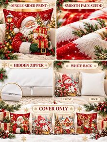 4PCS Red Christmas Pillow Covers, Santa Claus, Snowman, Reindeer And Snowy Cabin Patterns, Cozy Holiday Home Decor, Suitable For Bedroom, Living Room, Sofa And Office, Pillow Inserts Not Included. - Multicolor - View 8