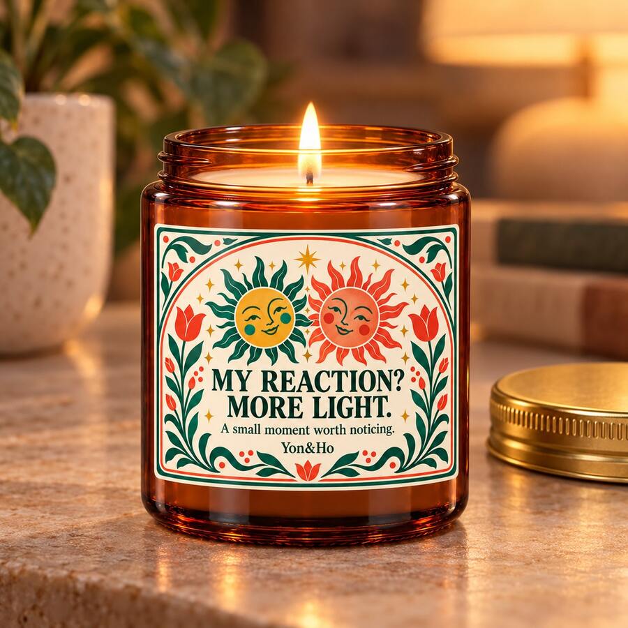 Amber Glass Jar With Gold Metal Lid Candle, MY REACTION? MORE LIGHT. Quote Label, Cute Candle, Cheerful Home Decor, Thank You Gift 1pc