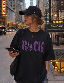 % CottonRock On Skeleton Hand Rock And Roll Rock Music Band Printed Shirt, Short Sleeve, Round Neck, Comfortable Breathable, Suitable For All Seasons - Black 2 - View 2