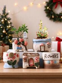 Cute Cartoon Succulent Pots, 5 Styles Ceramic Plant Pots, Mushroom House & Fruit Pattern Mini Flower Planters, Desktop Decorative Plant Containers, Christmas Home Decor Gift (Plants Not Included)Christmas Gift - Multiple Styles - View 1
