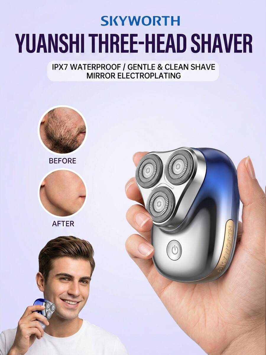 SKYWORTH 1pc IPX7 Waterproof Mini Portable 3-Head Electric Shaver, Gentle Shaving, Compact & Easy To Carry, Fully Washable, Gift For Boyfriend And Elders - Style B - View 1