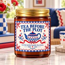 Vanilla Scent TEA BEFORE THE PLOT Candle, Amber Jar With Gold Metal Lid, Cute Teapot Gingham Design, Christmas Decorations, Home Decor For Living Room, Gifts For Women, Tea Lover Funny Holiday Gift, 1pc - Multi Scents - View 6