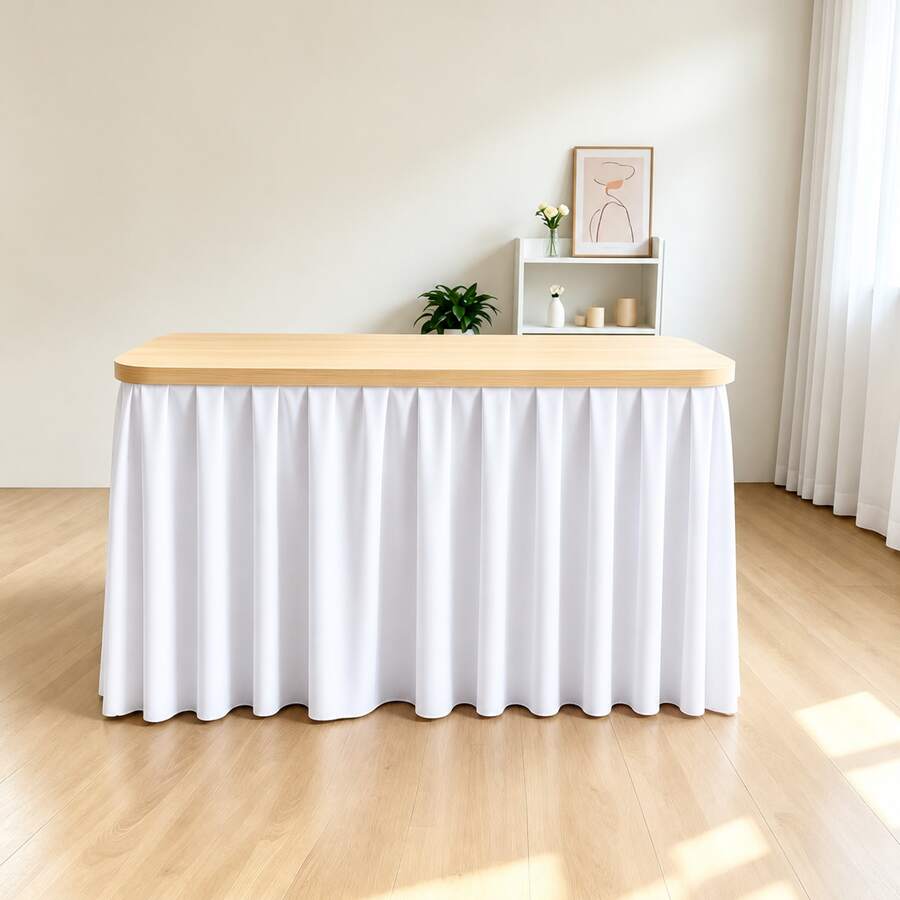 1pc White Ruffle Polyester Rectangular Table Skirt, Elegant Ruffle Table Cover, Suitable For Wedding, Birthday Cake Table, Bridal Shower, Baby Shower And Party Decoration - White - View 1