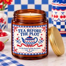 Vanilla Scent TEA BEFORE THE PLOT Candle, Amber Jar With Gold Metal Lid, Cute Teapot Gingham Design, Christmas Decorations, Home Decor For Living Room, Gifts For Women, Tea Lover Funny Holiday Gift, 1pc - Multi Scents - View 3
