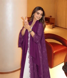 Elegant Women's Burgundy Long Abaya, Exquisite Lace Fabric, Fashionable Style (Non-Sheer) - Purple - View 2