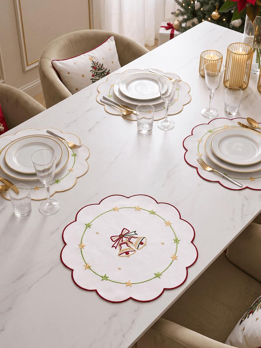 1-12pcs White Christmas Bell Embroidered Placemats, Luxury Fabric Petal Wave Edge Gold Trim Decorative Heat-Resistant Table Mats, Christmas Table Decor - Multicolor - View 1