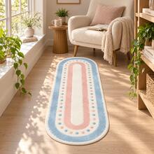 1 pieza Alfombra ovalada con borde de puntos rosa cremoso & azul, alfombra decorativa de cachemira sintética, alfombra de corredor de felpa para dormitorio y lado de la cama, minimalista natural, alfombra de área para sofá de sala de estar, adecuada para decoración de entrada, puerta, balcón, alfombra antideslizante, alfombra de decoración del hogar - Multicolor - Ver 3
