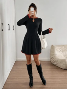 SUNSTORY Women's French Elegant Round Neck Black Sweater Dress, Birthday Party, Afternoon Tea, Commute, Christmas - Multicolor - View 2