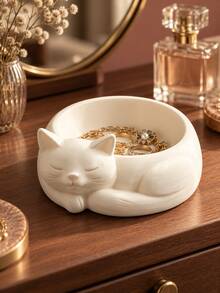1pc 3D Cat Jewelry Tray, Closed Eyes Sleeping Cat Design Mini Ring, Earring, Necklace Storage Tray, Curly Tail Cat Decorative Tray, Suitable For Vanity, Bedside Table And Desk, Cat Lover Gift - Multicolor - View 1