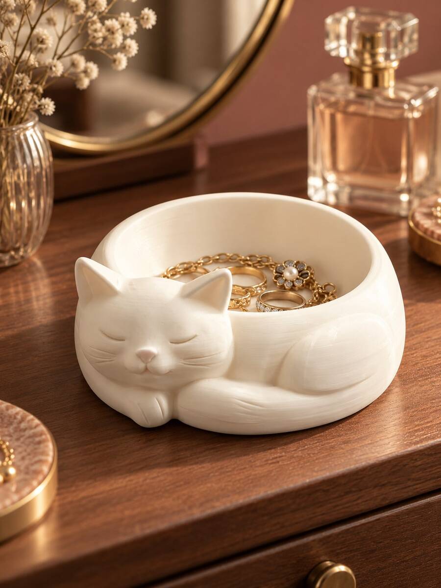1pc 3D Cat Jewelry Tray, Closed Eyes Sleeping Cat Design Mini Ring, Earring, Necklace Storage Tray, Curly Tail Cat Decorative Tray, Suitable For Vanity, Bedside Table And Desk, Cat Lover Gift - Multicolor - View 1