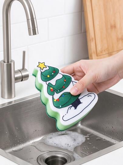 10pcs Christmas Tree Shaped Kitchen Cleaning Sponges, Thick Dishwashing Scouring Pads, Powerful Grease Removal Without Damaging Pots, Suitable For Cleaning Tableware, Cookware And Sinks, Holiday Home Cleaning Tools