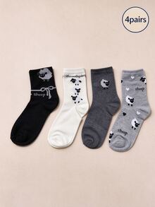 Women's Cute Lamb Mid-Calf Socks, Black White Grey Versatile Student Knit Socks, Autumn/Winter Socks - Multicolor - View 7