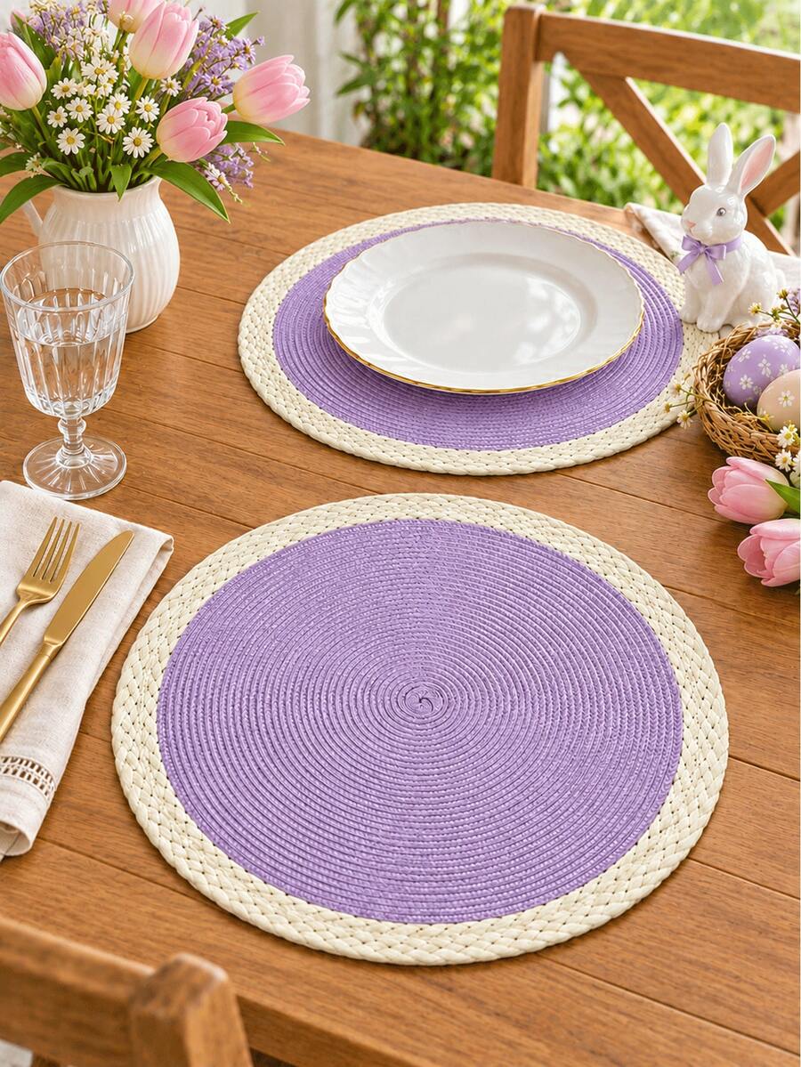 4/6pcs Set 15 Inch Purple Round Woven Placemats, 6pcs Washable Wipeable Easy To Clean Woven Table Mats, Suitable For Holiday Party Indoor Outdoor Daily Use