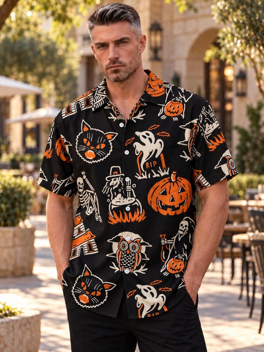 Men's Short Sleeve Casual Vacation Shirt With Skull Cartoon Print And Chest Pocket - Multicolor - View 1