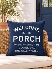 18x18 Inch Country Farmhouse Pillow Case 1pc "Welcome To The Porch" Polyester Cushion Cover With Zipper Closure, Machine Washable, Suitable For Porch, Patio, Sofa Or Chair Outdoor/Indoor Decoration (Pillow Insert Not Included) - Blue and White - View 1