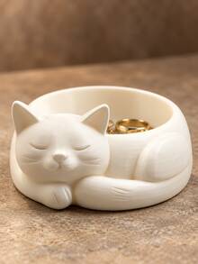 1pc 3D Cat Jewelry Tray, Closed Eyes Sleeping Cat Design Mini Ring, Earring, Necklace Storage Tray, Curly Tail Cat Decorative Tray, Suitable For Vanity, Bedside Table And Desk, Cat Lover Gift - Multicolor - View 3