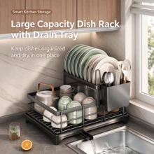 Multifunctional Kitchen Dish Drying Rack, Simple Countertop Dish Storage Rack For Bowls And Cutlery, Rotating Water Tray Countertop Organizer, Space-Saving Kitchen Countertop Dish Rack, Stainless Steel Kitchen Drying Rack With Utensil Holder, Drying Rack For Bowls, Plates, Knives, Spoons And Forks - Black - View 9