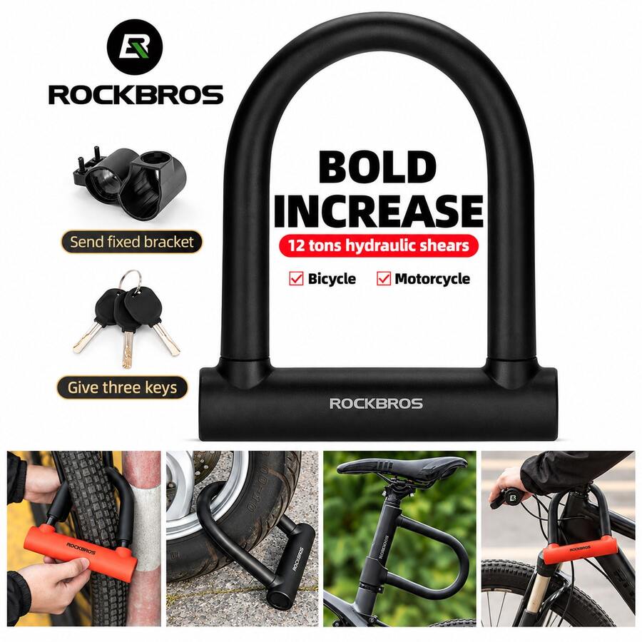 ROCKBROS 1pc U-Shaped Bicycle Lock, Steel Cable U-Lock, High-Strength Anti-Theft Bicycle Lock, U-Lock With 4ft Steel Cable